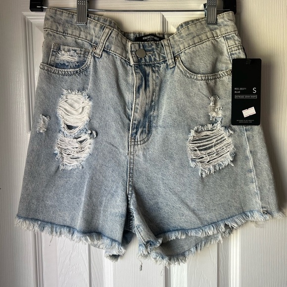 AMERICAN BAZI DISTRESSED DENIM SHORTS - Picture 1 of 3